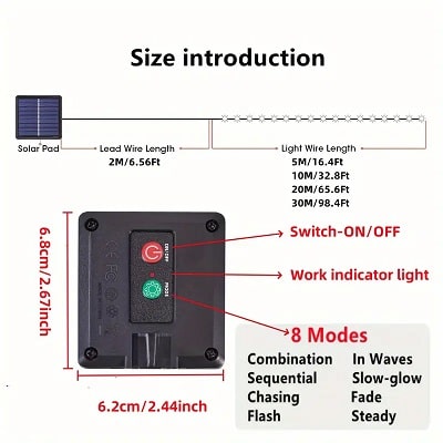 LED Solar Outdoor 12 meter String White Lights – 8 Modes Copper Wire Fairy Garland Lights