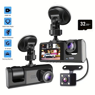 Vavupo 3-Camera Dash Cam for Cars - 1080P Front & Interior Recording - Including 32GB Memory Card