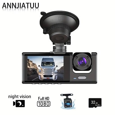 BAIDELUO Triple Camera Car Dashboard Camera - 1080P Front and Interior Vehicle Cameras with Night Vision