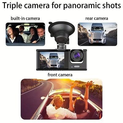 BAIDELUO Triple Camera Car Dashboard Camera - 1080P Front and Interior Vehicle Cameras with Night Vision