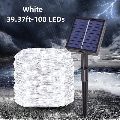 LED Solar Outdoor 12 meter String White Lights – 8 Modes Copper Wire Fairy Garland Lights