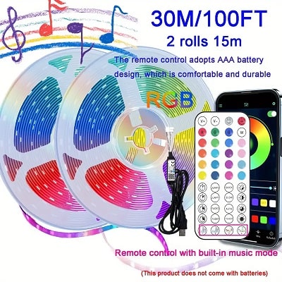 LCUTML 30 meter 5V USB LED Strip Lights – Multi-Color RGB Music Sync Night Light with 44-Key Remote